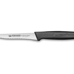Vue au-dessus du couteau à steak avec lame crantée et manche noir de 11cm de la marque Fischer