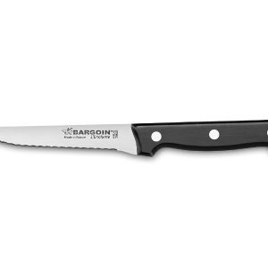 Vue au-dessus du couteau entrecôte à 3 rivets à lame crantée avec manche noir de 11cm de la marque Fischer