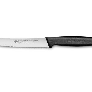 Vue au-dessus du couteau à tomate avec manche noir de 10cm de la marque Fischer