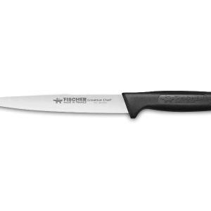 Vue au-dessus du couteau à filet de sole avec manche noir de 17cm de la marque Fischer