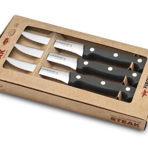 Vue du packaging du lot de 3 couteaux entrecôtes de lame lisse avec manche noir de 11cm de la marque Fischer