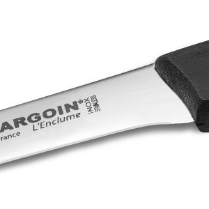 Zoom sur la base de la lame lisse du couteau entrecôte à 3 rivets avec manche noir de 11cm de la marque Fischer