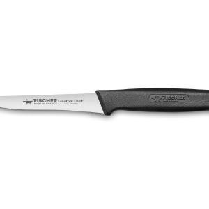 Vue au-dessus du couteau à steak avec lame lisse et manche noir de 11cm de la marque Fischer