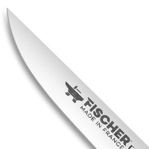 Zoom sur la lame du couteau à steak avec lame lisse et manche noir de 11cm de la marque Fischer