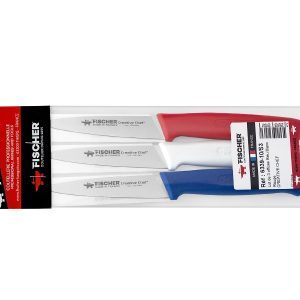 Vue du packaging du lot de 3 offices bleu blanc et rouge de 10 cm de la marque Fischer