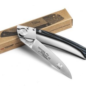 Vue du couteau de poche Thiers avec sa boîte kraft de la marque Fischer